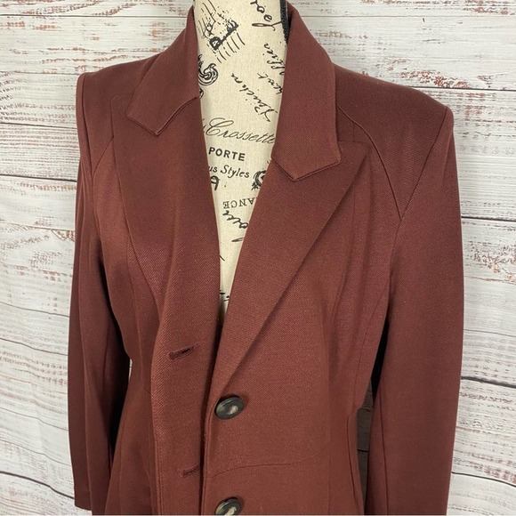 CABI BOSS 3 BUTTON MAROON LONG SLEEVE BLAZER LONG PEA COAT FALL JACKET - Picture 3 of 13